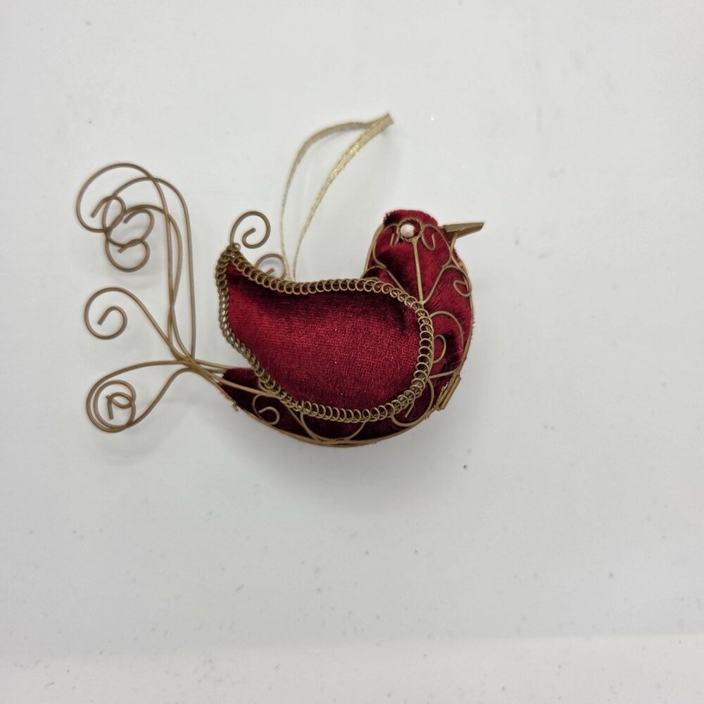 Red Velvet & Gold Wire Bird Holiday Christmas Ornament
